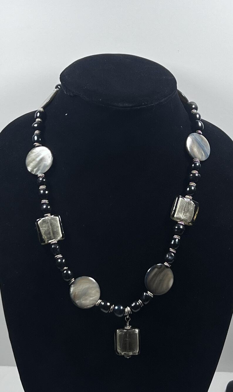 Vintage Smoky Silver Foil Glass & Black Beads Bold Statement Pendant Necklace